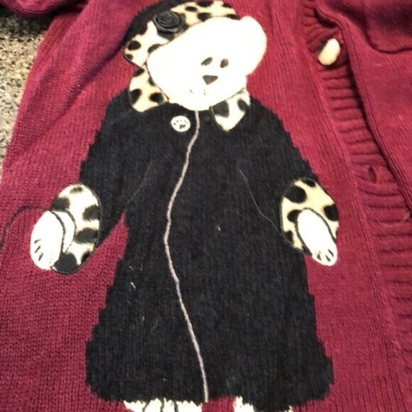 Vintage Boyd's Burgundy Button Front Sweater Bear Appliques Leopard Print Collar - Picture 6 of 8